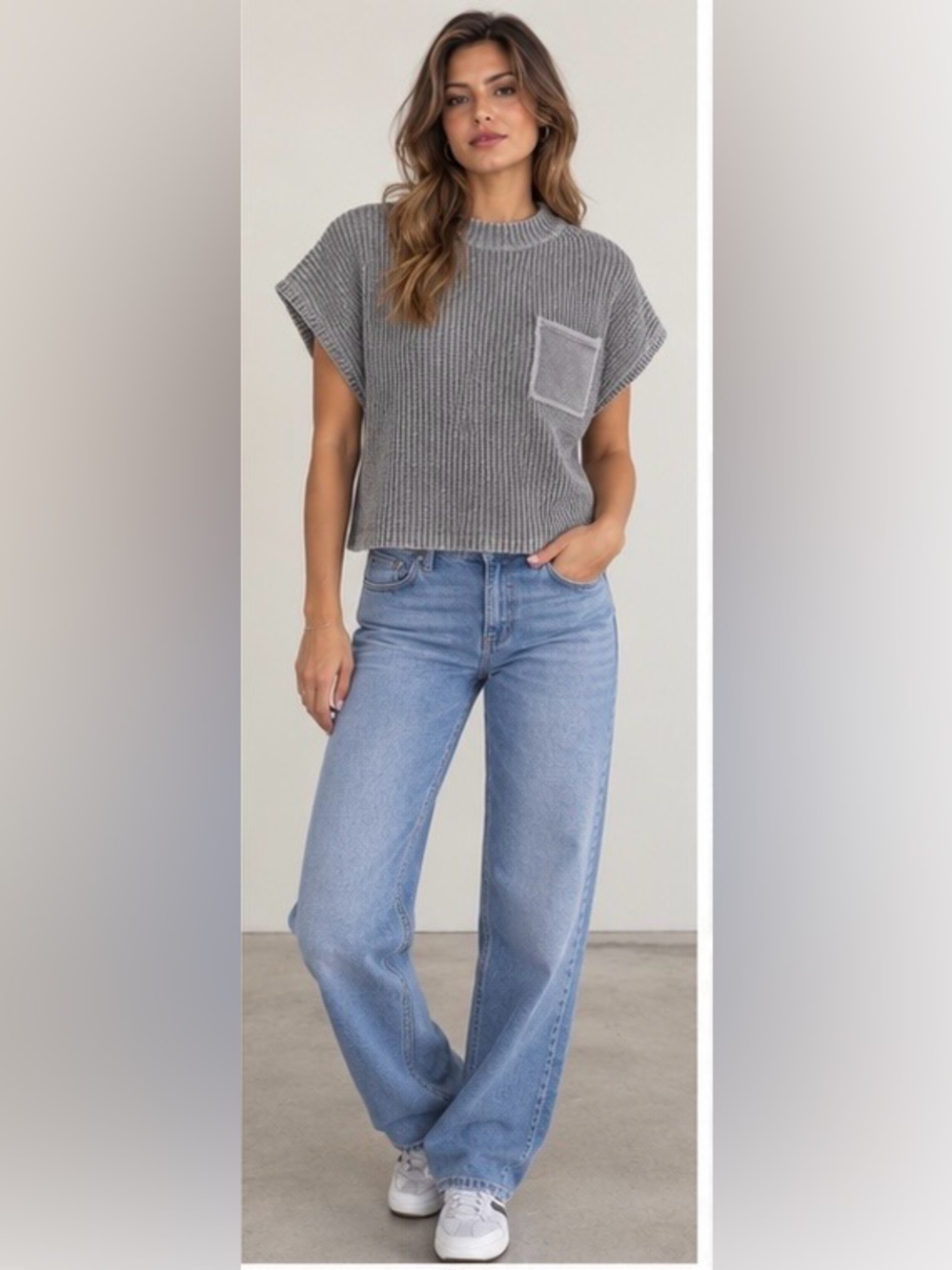 Zenana Outfitters Gray Ribbed Crewneck Pocket Sweater NWOT - Picture 2 of 9